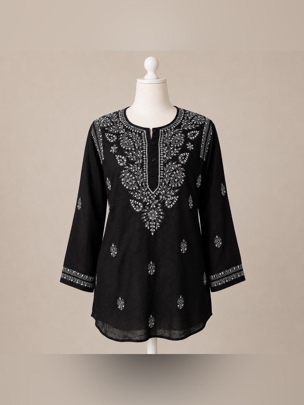 Sam Hilu Black Embroidered Tunic Top Boho India Cotton Medium - Picture 2 of 10